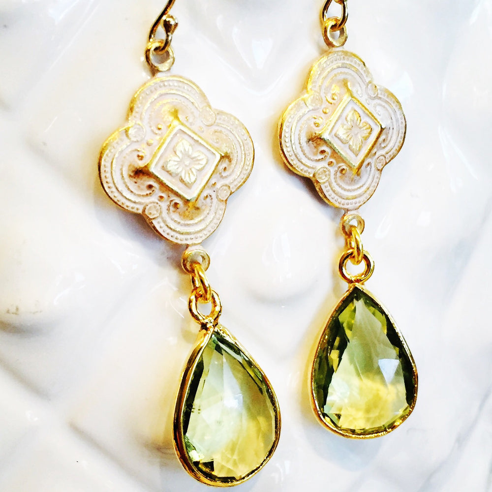 Lemon Topaz Patina Clover Drop Earrings