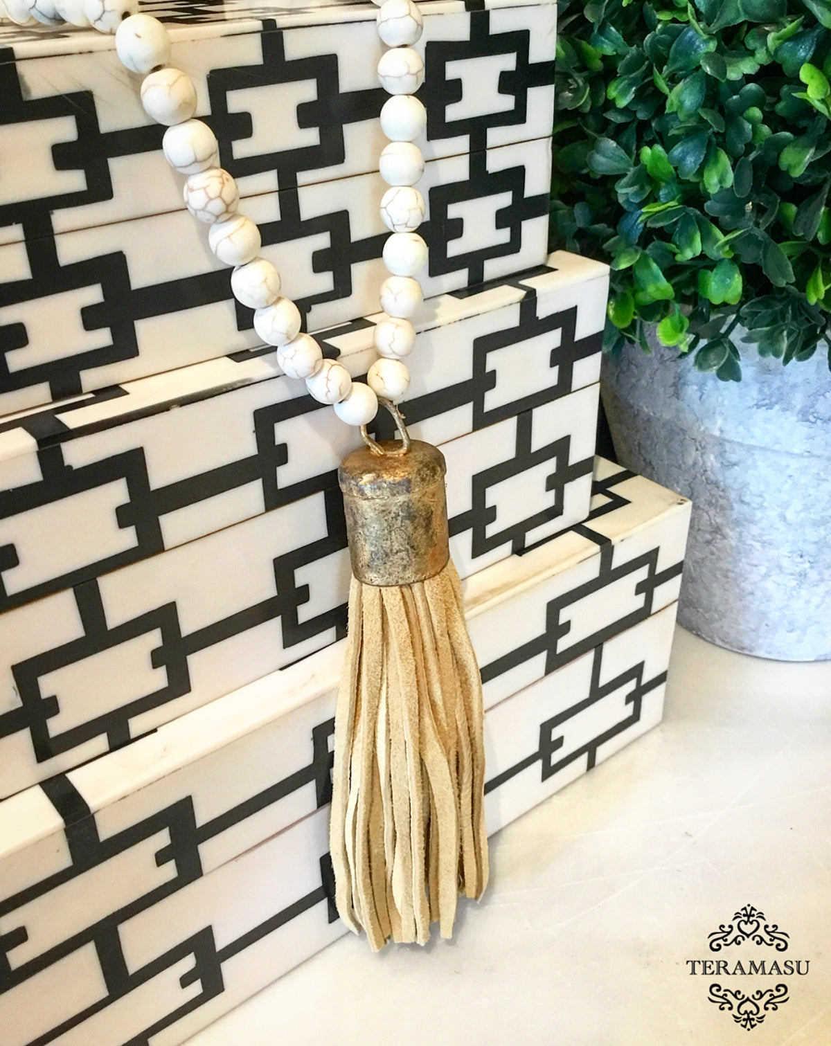 Living Ladylike: Gorgeous & New, Handmade Designer Teramasu Howlite Necklace with One-of-a-Kind, Vintage-Inspired Suede Tassel