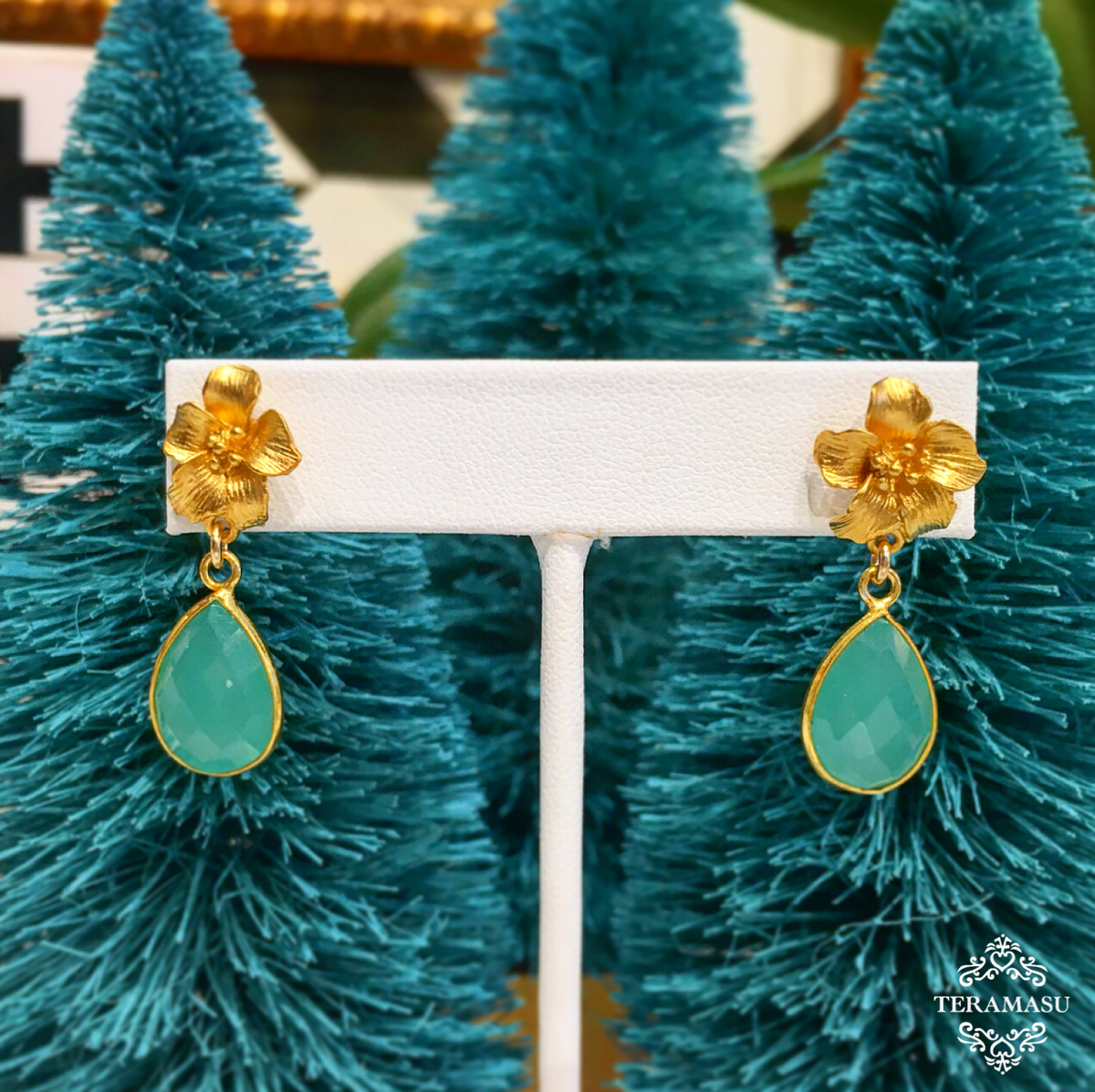 Chic Peek: Gorgeous & New, Handmade Designer Teramasu Hibiscus Flower with Aqua Green Chalcedony Earrings