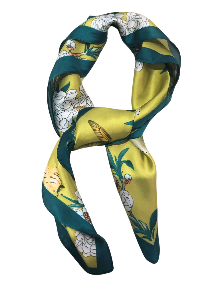 Bright Golden Green Floral design Satin Scarf