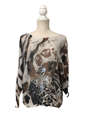 Beautiful One Size Abstract Tan, Black And Silver Long Sleeve Tunic