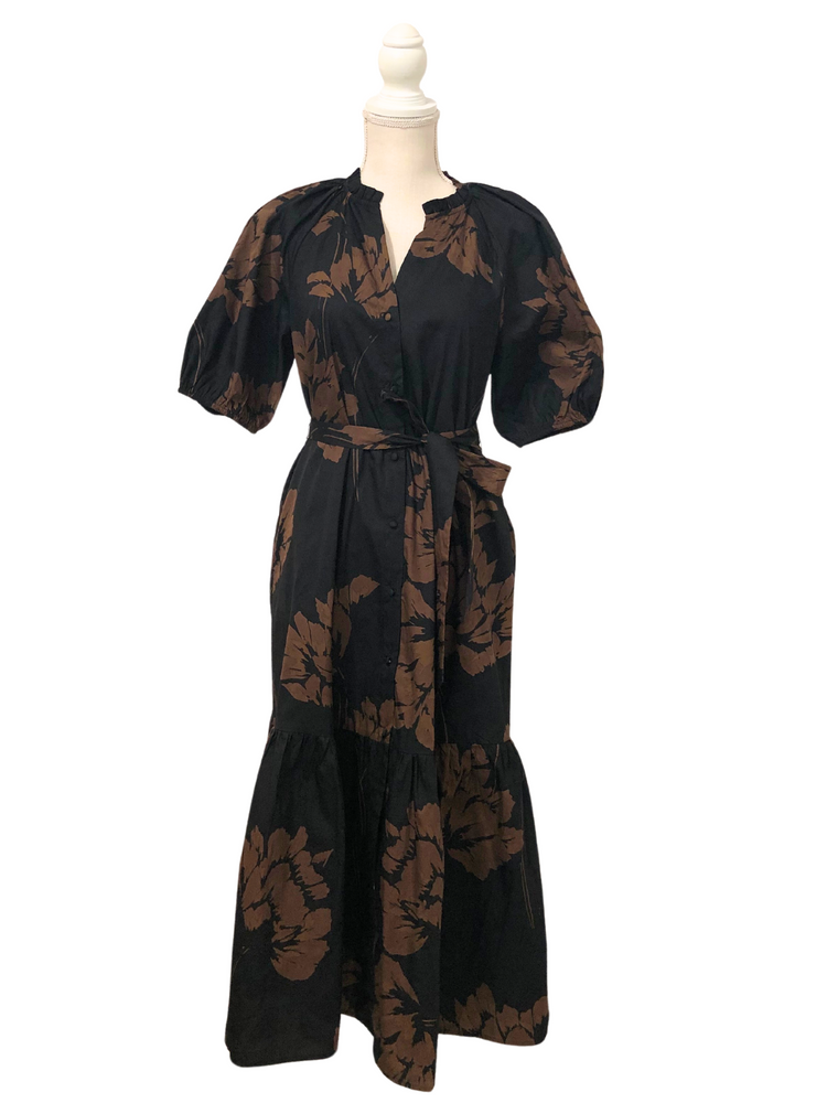 Black And Brown Floral Button Down Midi Ruffle Dress