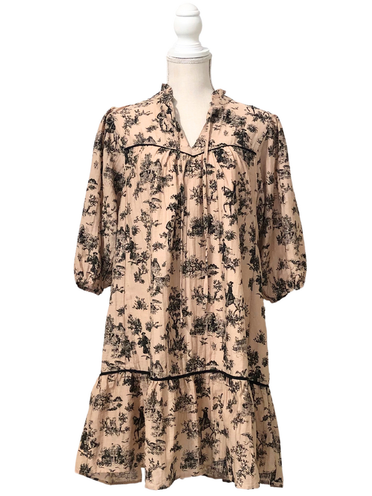 Tan And Black French Toile Ruffle Dress