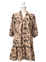 Tan And Black French Toile Ruffle Dress