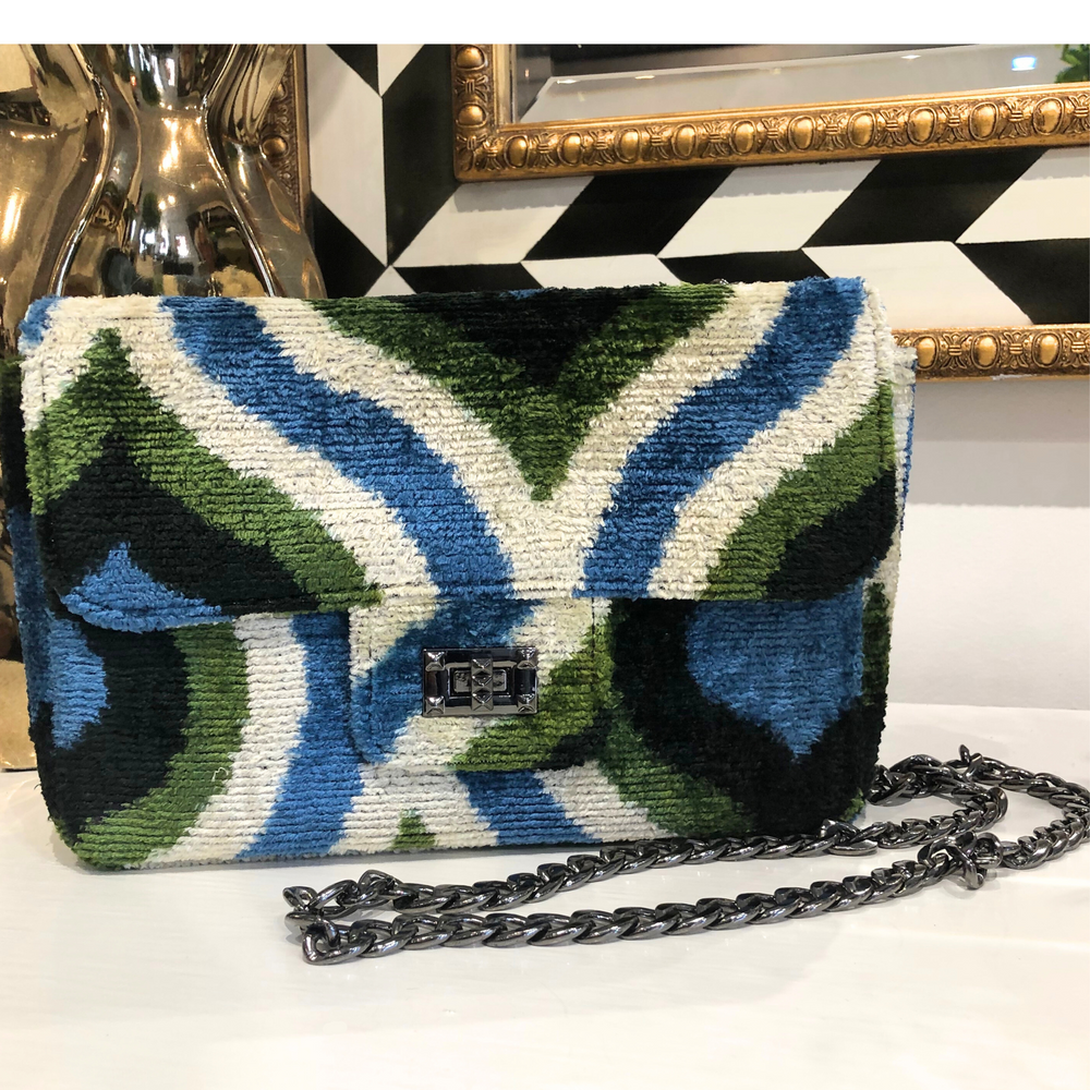 Teramasu One Of A Kind Green, Blue And White Geometric Handmade Silk Tapestry Purse