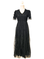 Gorgeous Black Empress Waist Midi Dress With Sheer Ruffled Mesh Overlay