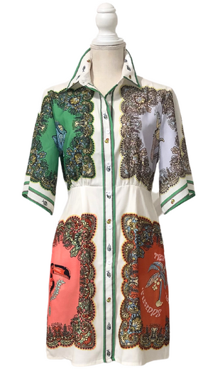 Mosaic Design Button Down Shirt Dress