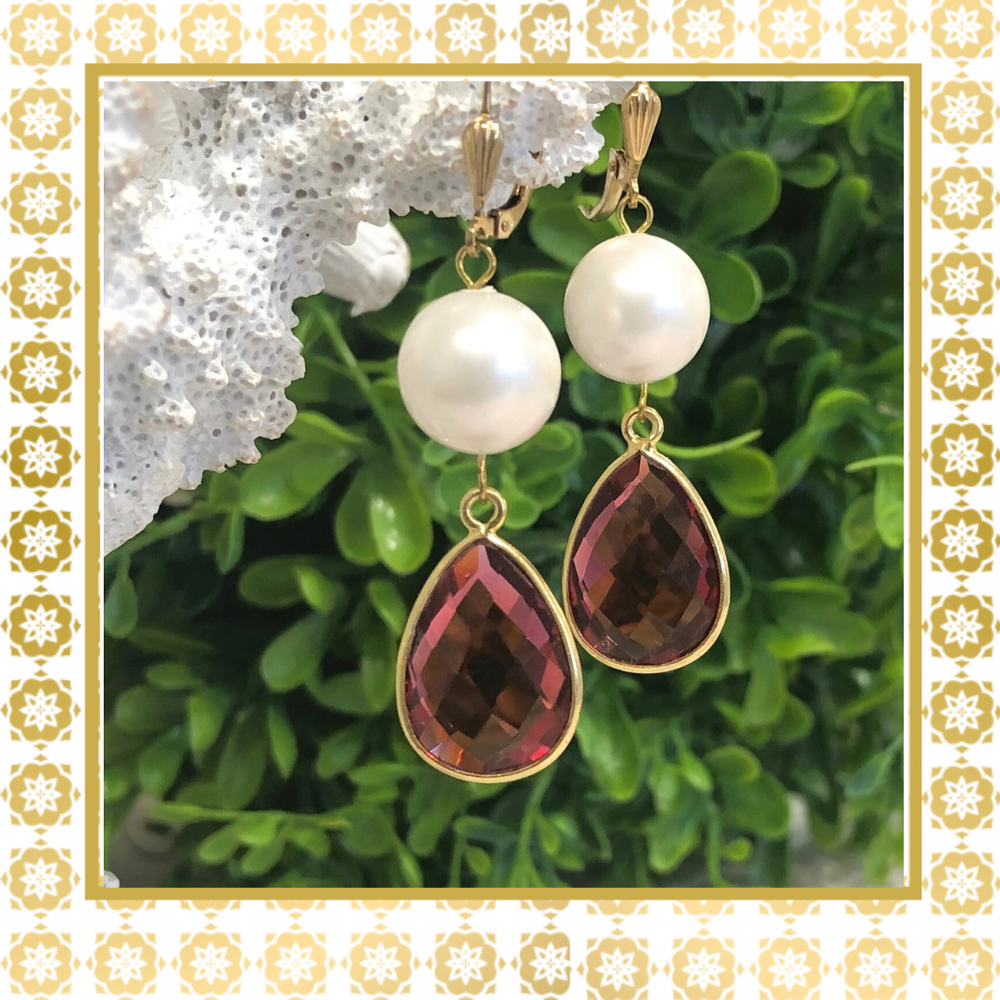 Teramasu Handmade Pearl and Rubylite Quartz Tear Drop Earrings 14K Gold Filled